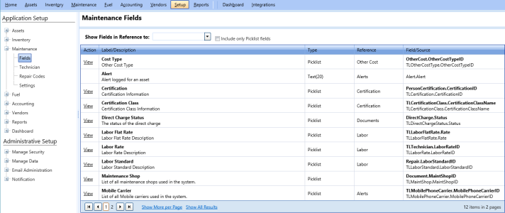 Maintenance fields page